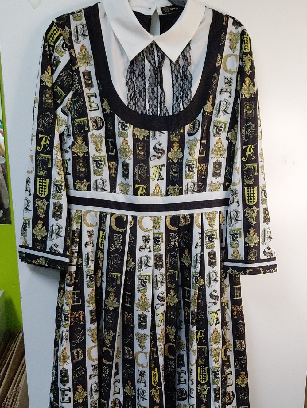 Black and White Printed Midi Dress with Gold Accent